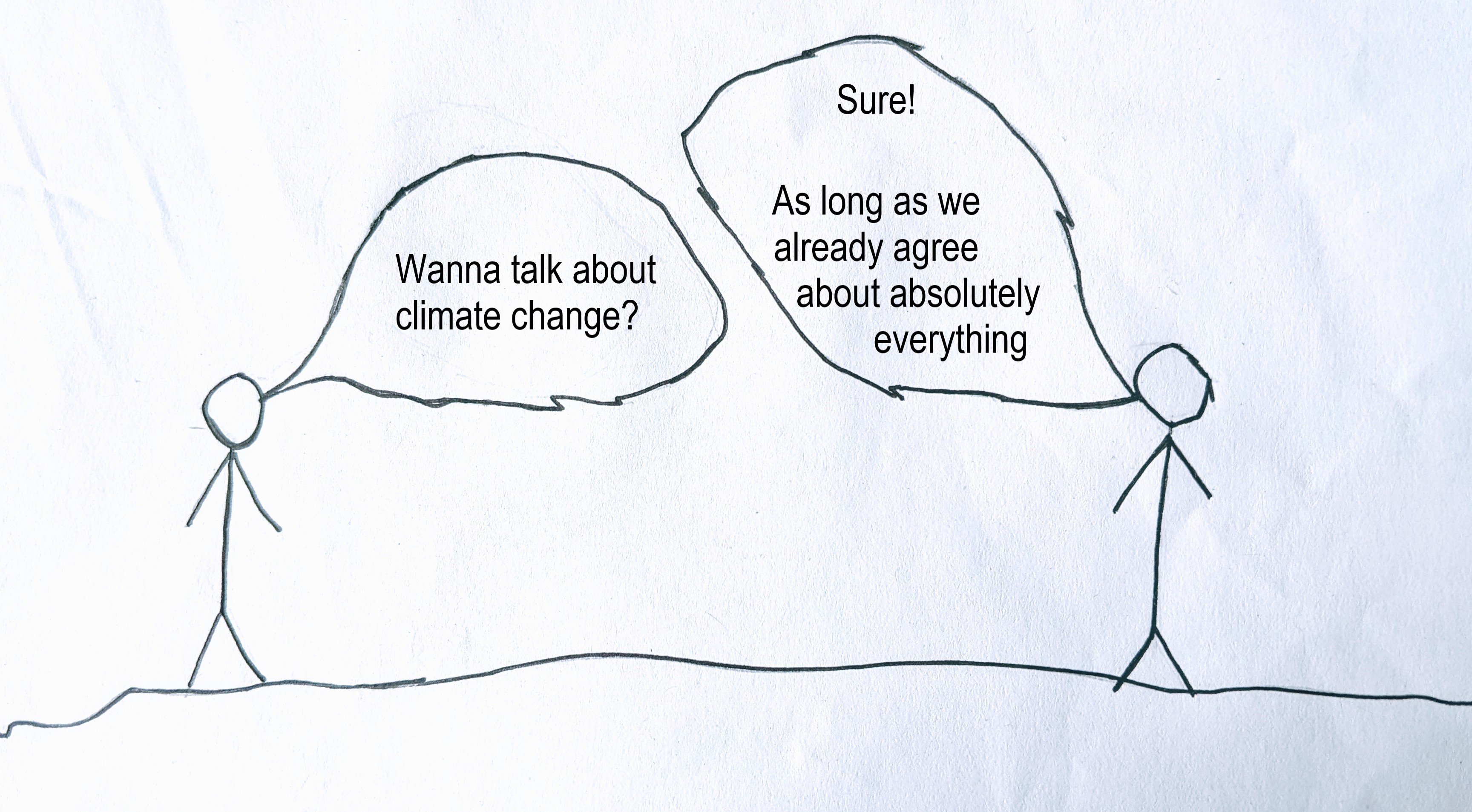 cartoon of two people talking: "wanna talk about climate change?", "Sure! As long as we already agree on absolutely everything"