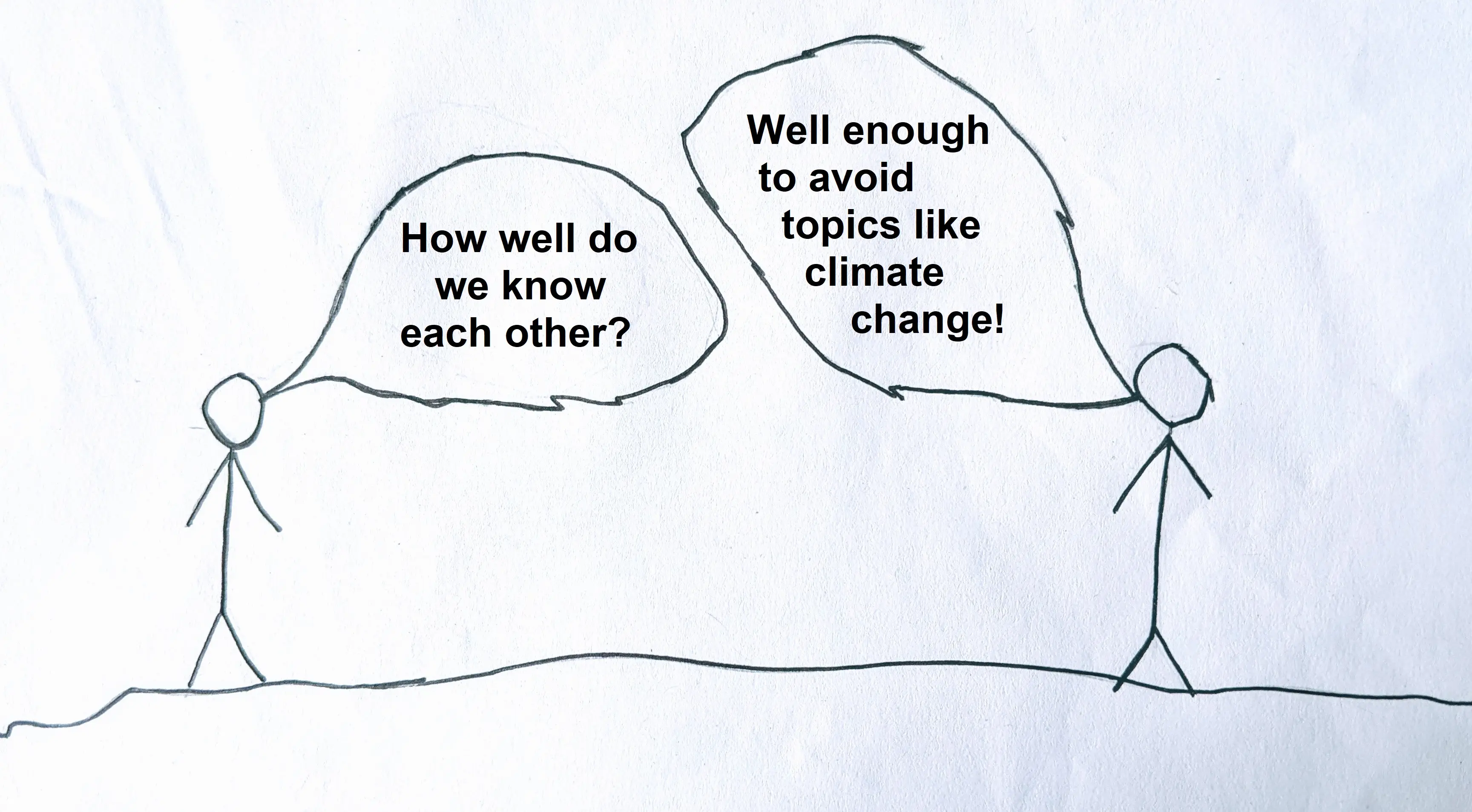 cartoon of two people talking: "how well do we know each other?" "well enough to avoid topics like climate change!" cartoon of two people talking: "how well do we know each other?" "well enough to avoid topics like climate change!"